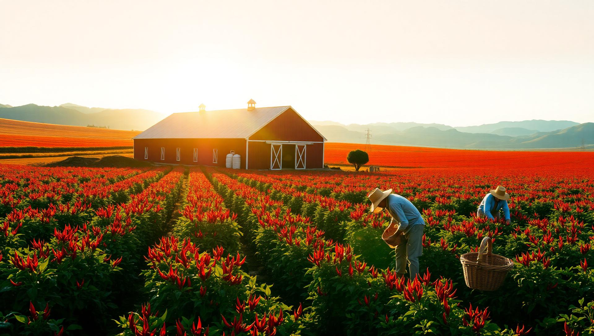The Williamson family cayenne fields and barn at sunset